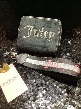 Juicy Couture Black Velvet Crystal Logo Zip Wristlet/Wallet with Branded Strap